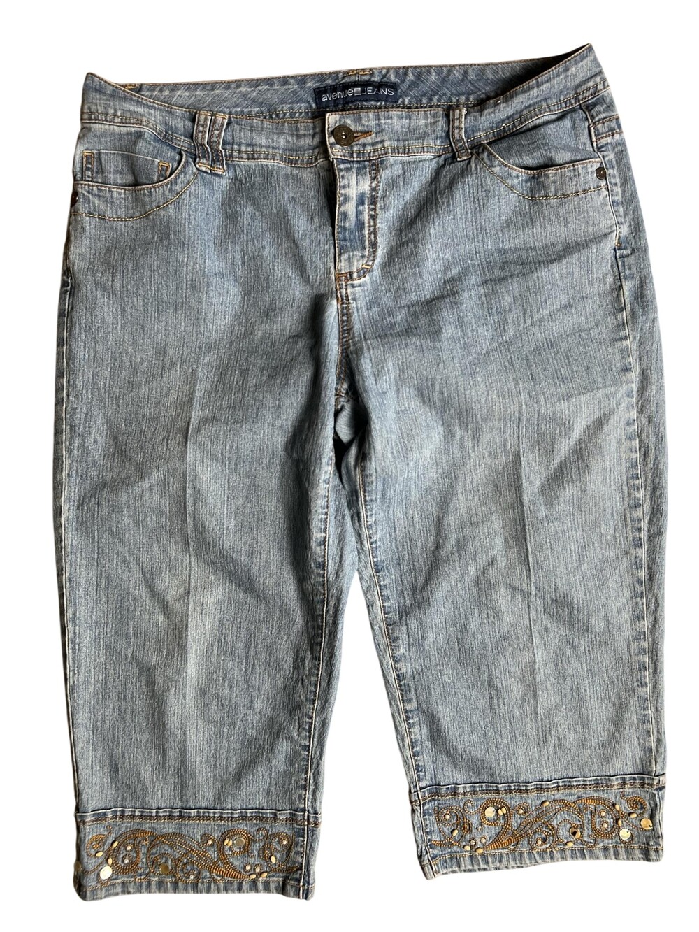 Avenue Jeans Pants Womens 14 Plus Blue Capri Embroidered Studded Rhinestone